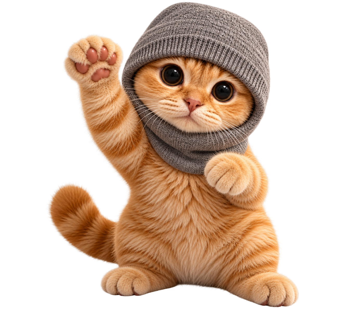 Orange tabby cat in a gray knitted sock hood, sitting upright with one paw raised
